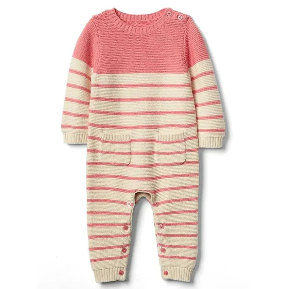 baby Gap Girls Brannan Stripe One Piece 3-6 M Pink Heather Knit Cotton Coverall